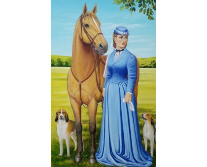 OLIO SU TELA VALERIA BERGAMI ' AMAZZONE CON CANI ' dimensioni L 60 x H 90 cm.