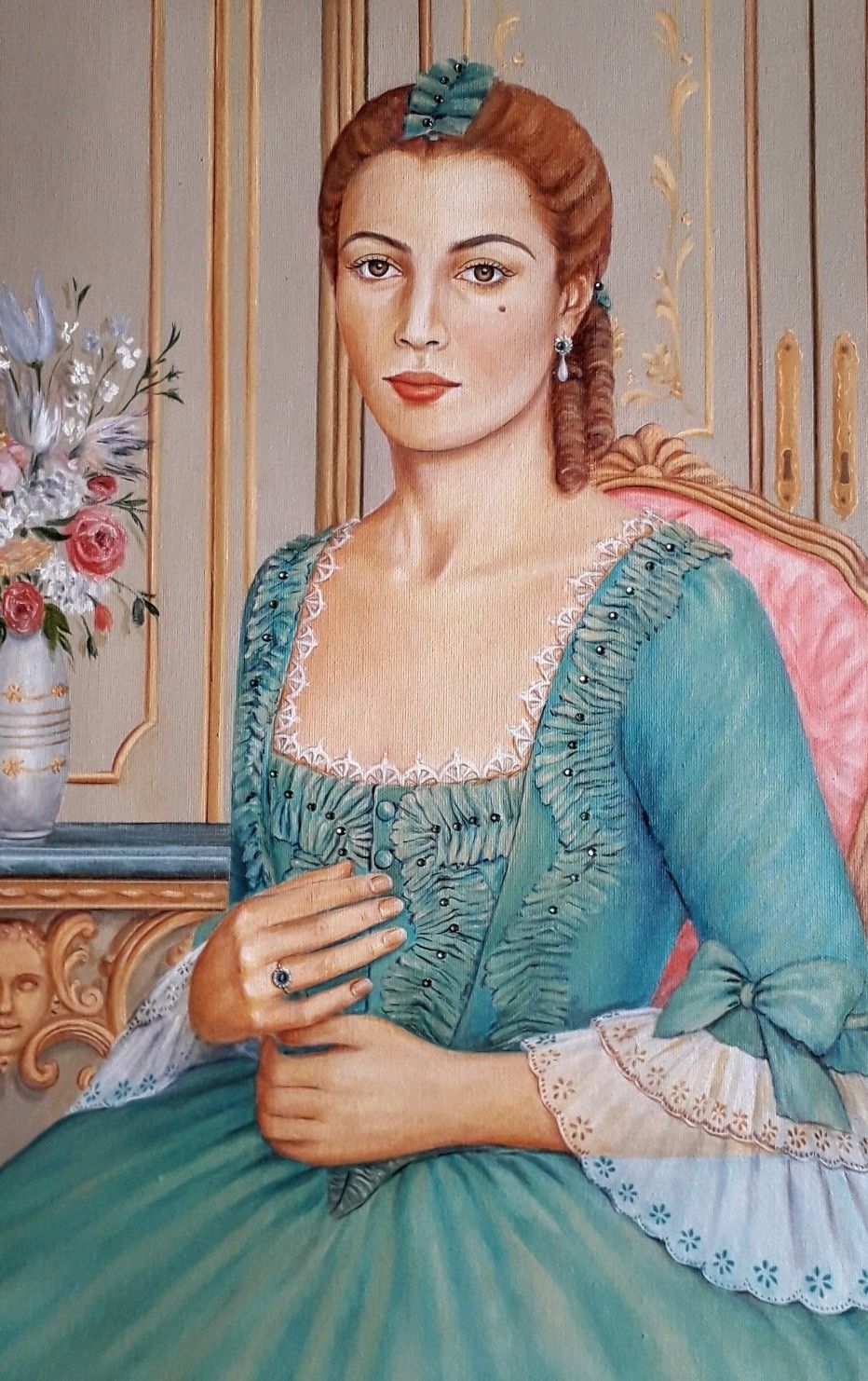 OLIO SU TELA  VALERIA BERGAMI ' FIGURA AL '700 '  dimensioni L 50 x H 70 cm.