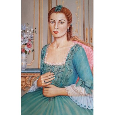 OLIO SU TELA VALERIA BERGAMI ' FIGURA AL '700 ' dimensioni L 50 x H 70 cm.