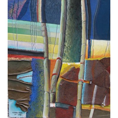 MIXED MEDIA SU TAVOLA ANDREA MELIS ' LE TRE CANNETTE ' dimensioni L 60 x H 60 cm.