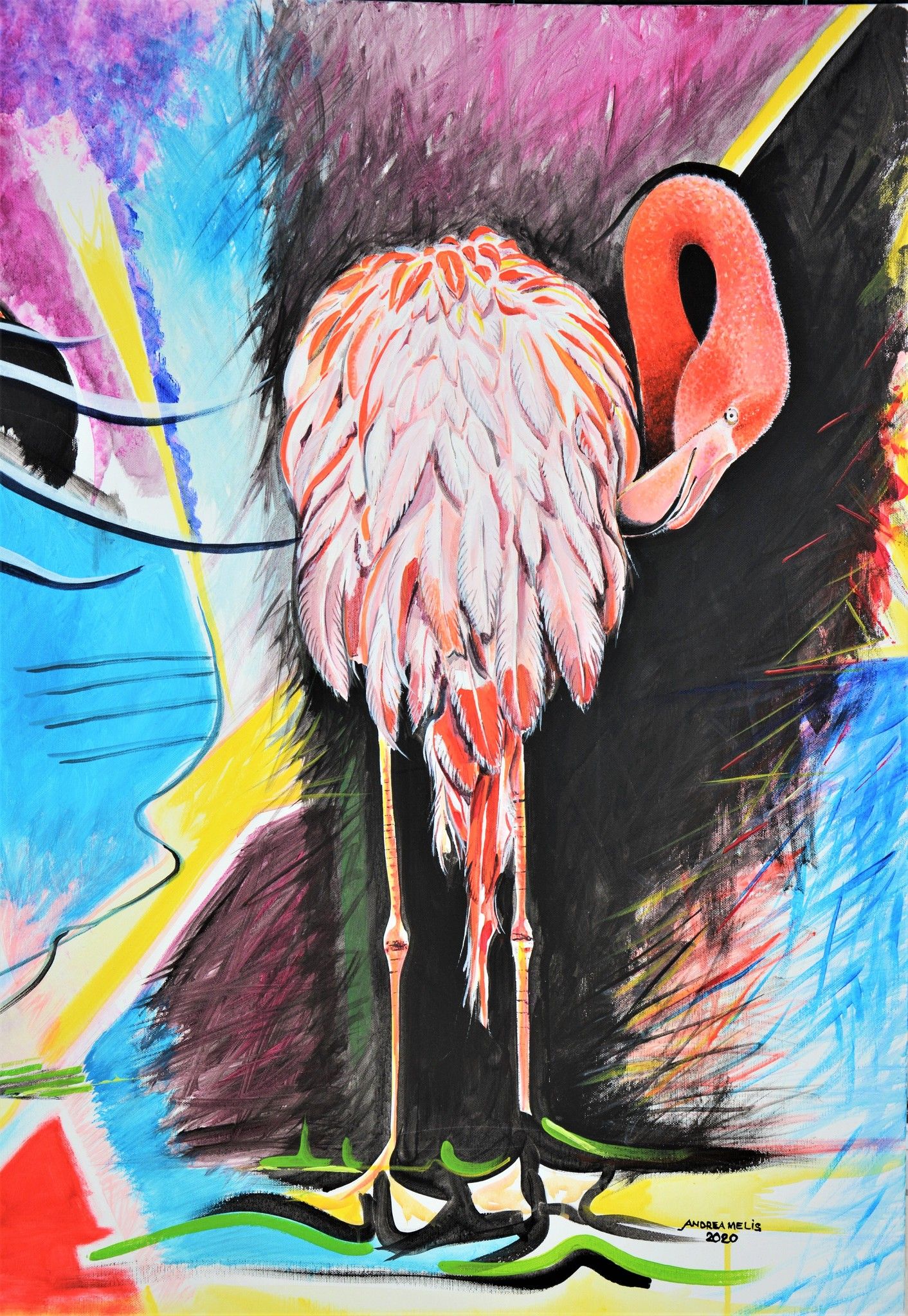 ACRILICO SU TELA  ANDREA MELIS ' L 'INCANTESIMO DEL FENICOTTERO '  dimensioni L 200 x H 83 cm.