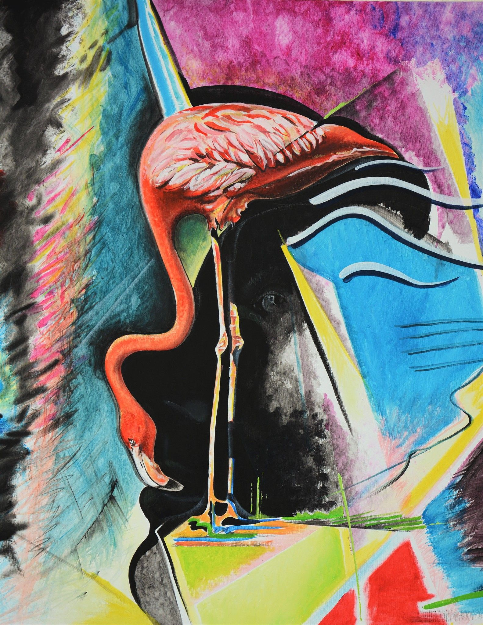 ACRILICO SU TELA  ANDREA MELIS ' L 'INCANTESIMO DEL FENICOTTERO '  dimensioni L 200 x H 83 cm.