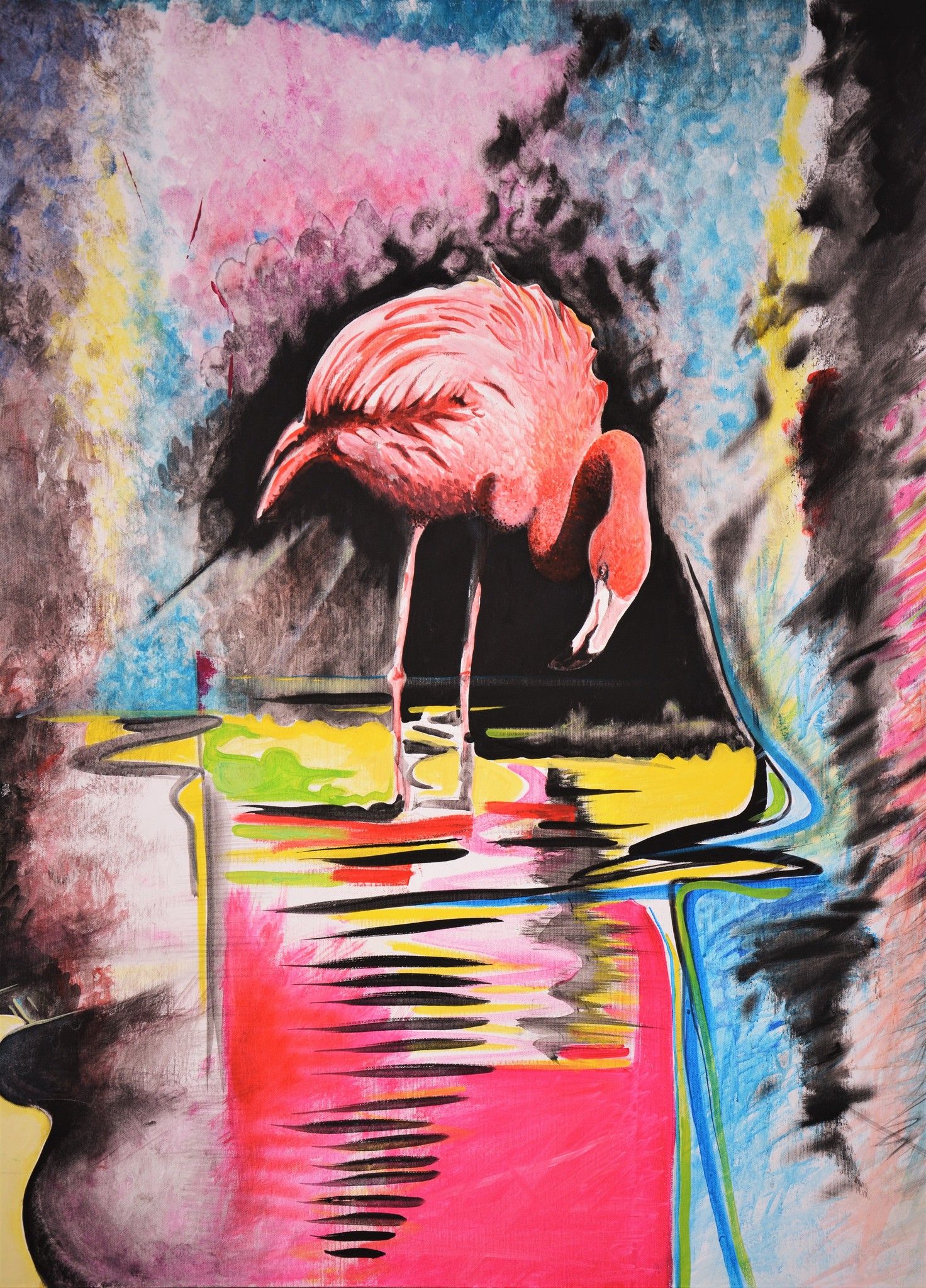ACRILICO SU TELA  ANDREA MELIS ' L 'INCANTESIMO DEL FENICOTTERO '  dimensioni L 200 x H 83 cm.