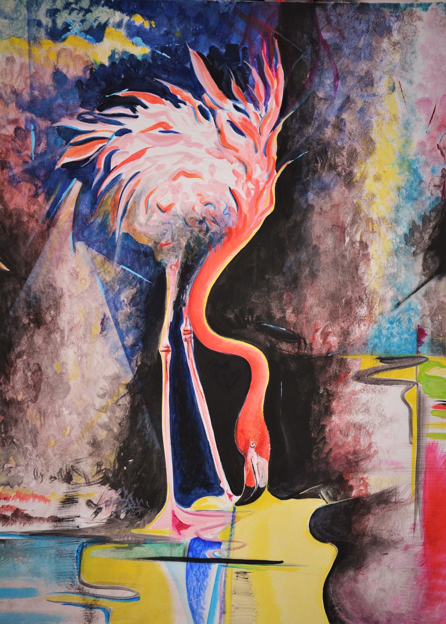 ACRILICO SU TELA  ANDREA MELIS ' L 'INCANTESIMO DEL FENICOTTERO '  dimensioni L 200 x H 83 cm.