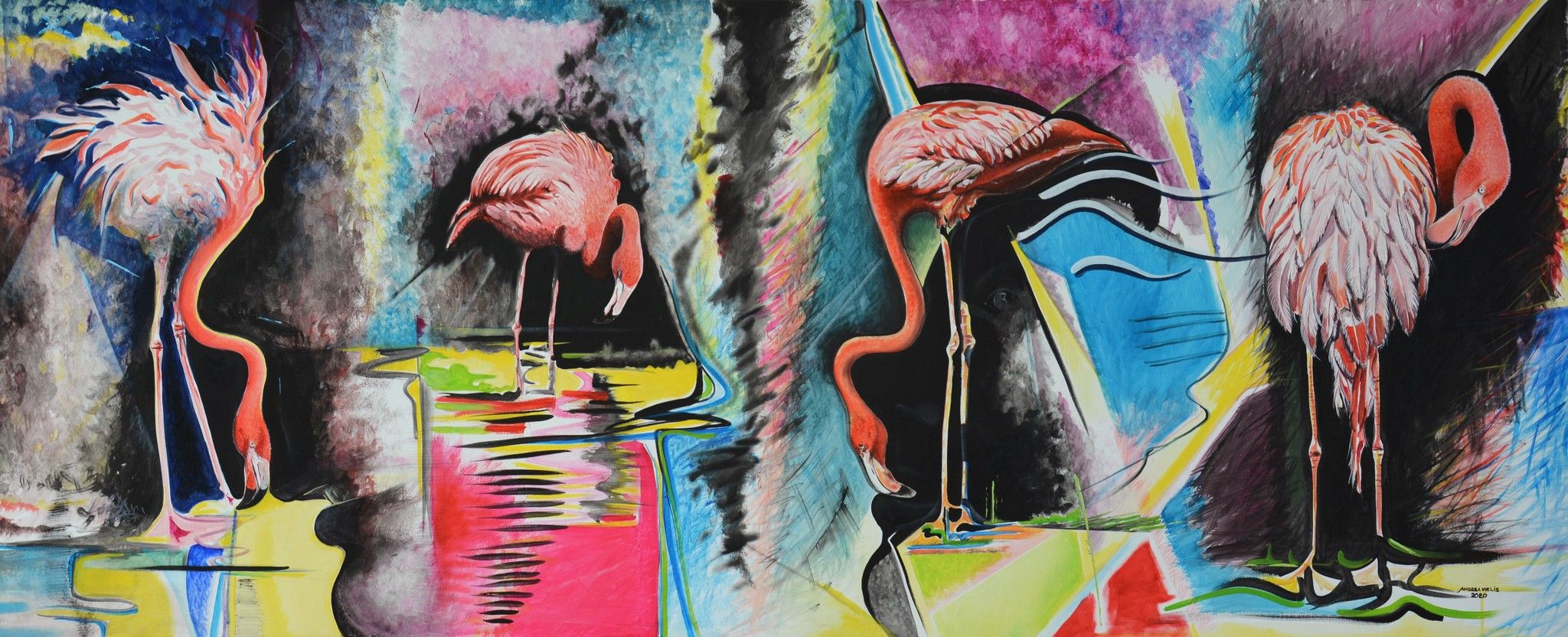 ACRILICO SU TELA  ANDREA MELIS ' L 'INCANTESIMO DEL FENICOTTERO '  dimensioni L 200 x H 83 cm.