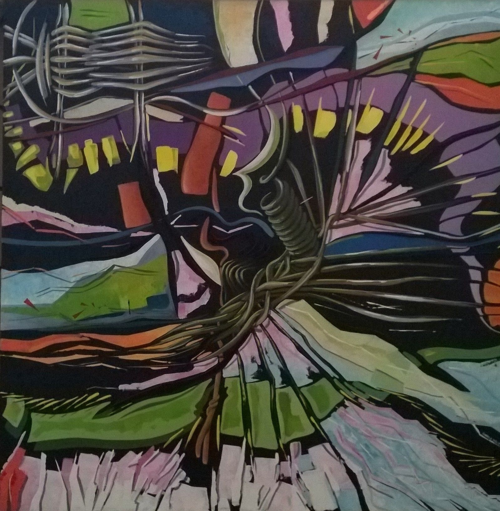 MIXED MEDIA SU TELA  ANDREA MELIS ' INTERAZIONI TRA INTRECCI '  dimensioni L 100 x H 100 cm.