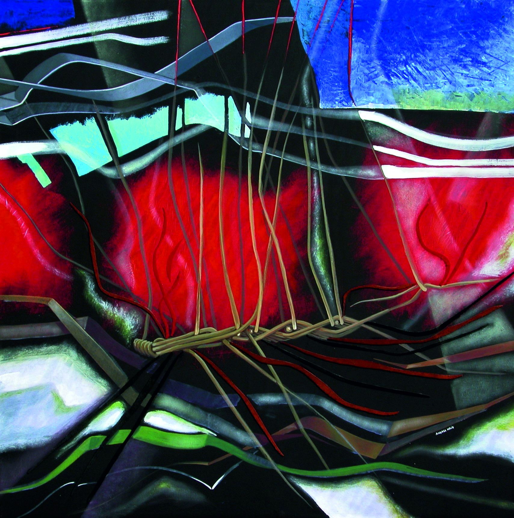 MIXED MEDIA SU TELA  ANDREA MELIS ' INTRECCI E INTERCONNESSIONI '  dimensioni L 100 x H 100 cm.