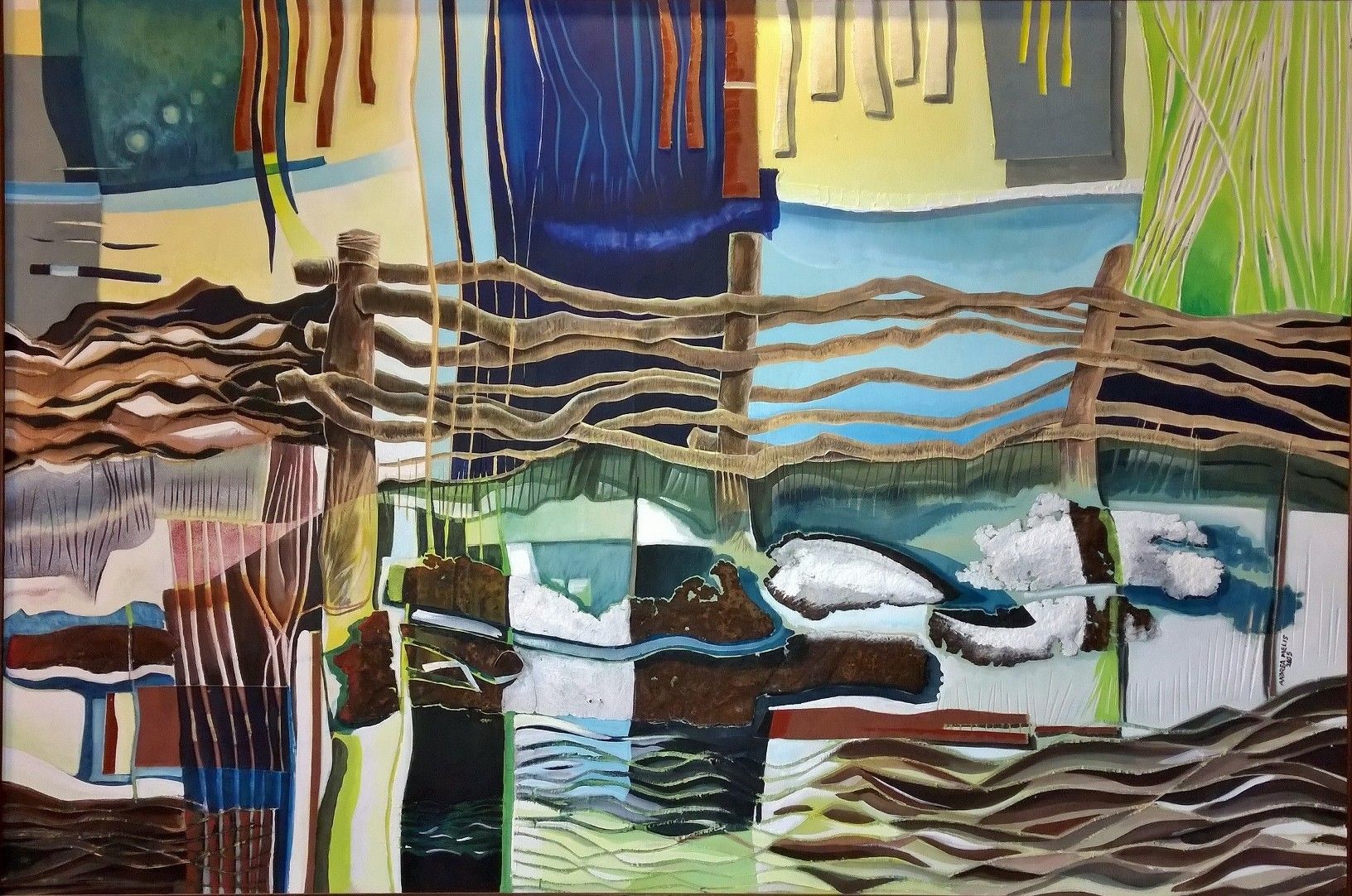 MIXED MEDIA SU TAVOLA  ANDREA MELIS ' IL RICAMO DEL TERRAZZAMENTO '  dimensioni L 125 x H 83 cm.