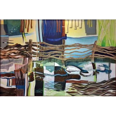 MIXED MEDIA SU TAVOLA ANDREA MELIS ' IL RICAMO DEL TERRAZZAMENTO ' dimensioni L 125 x H 83 cm.