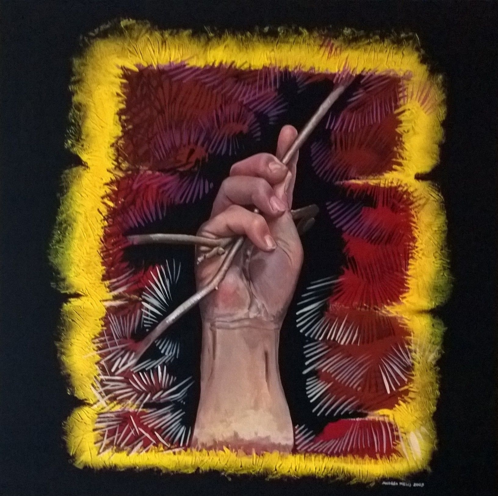 ACRILICO SU TELA  ANDREA MELIS ' L 'ELEMENTO E LA MANO '  dimensioni L 60 x H 60 cm.