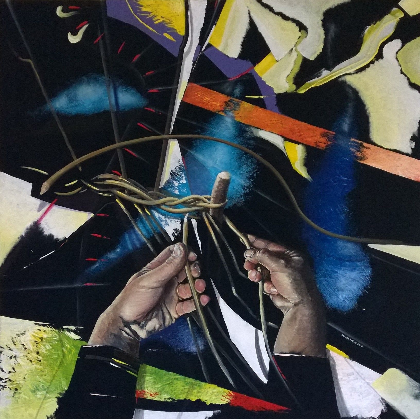 ACRILICO SU TELA  ANDREA MELIS ' MANUALITA' E IL SUO SPAZIO TEMPO '  dimensioni L 100 x H 100 cm.