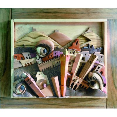 BASSORILIEVO IN LEGNO TIZIANO COSTA ' BOLOGNA DA GUARDARE ' dimensioni L 85 x H 74 cm.