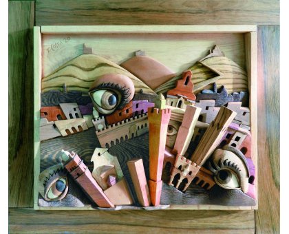 BASSORILIEVO IN LEGNO TIZIANO COSTA ' BOLOGNA DA GUARDARE ' dimensioni L 85 x H 74 cm.