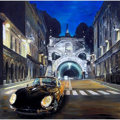 ACRILICO SU TELA GIO' STEFAN ' LA SCALA DEI GIGANTI. INSEGUIMENTO NOTTURNO. ' dimensioni L 100 x H 100 cm.