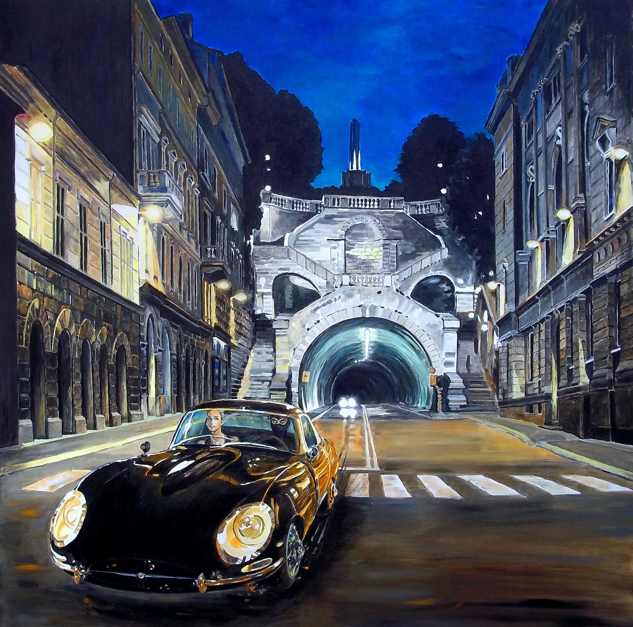 ACRYLIC ON CANVAS  GIO' STEFAN ' LA SCALA DEI GIGANTI. INSEGUIMENTO NOTTURNO. '  size   L 100 x H 100 cm.