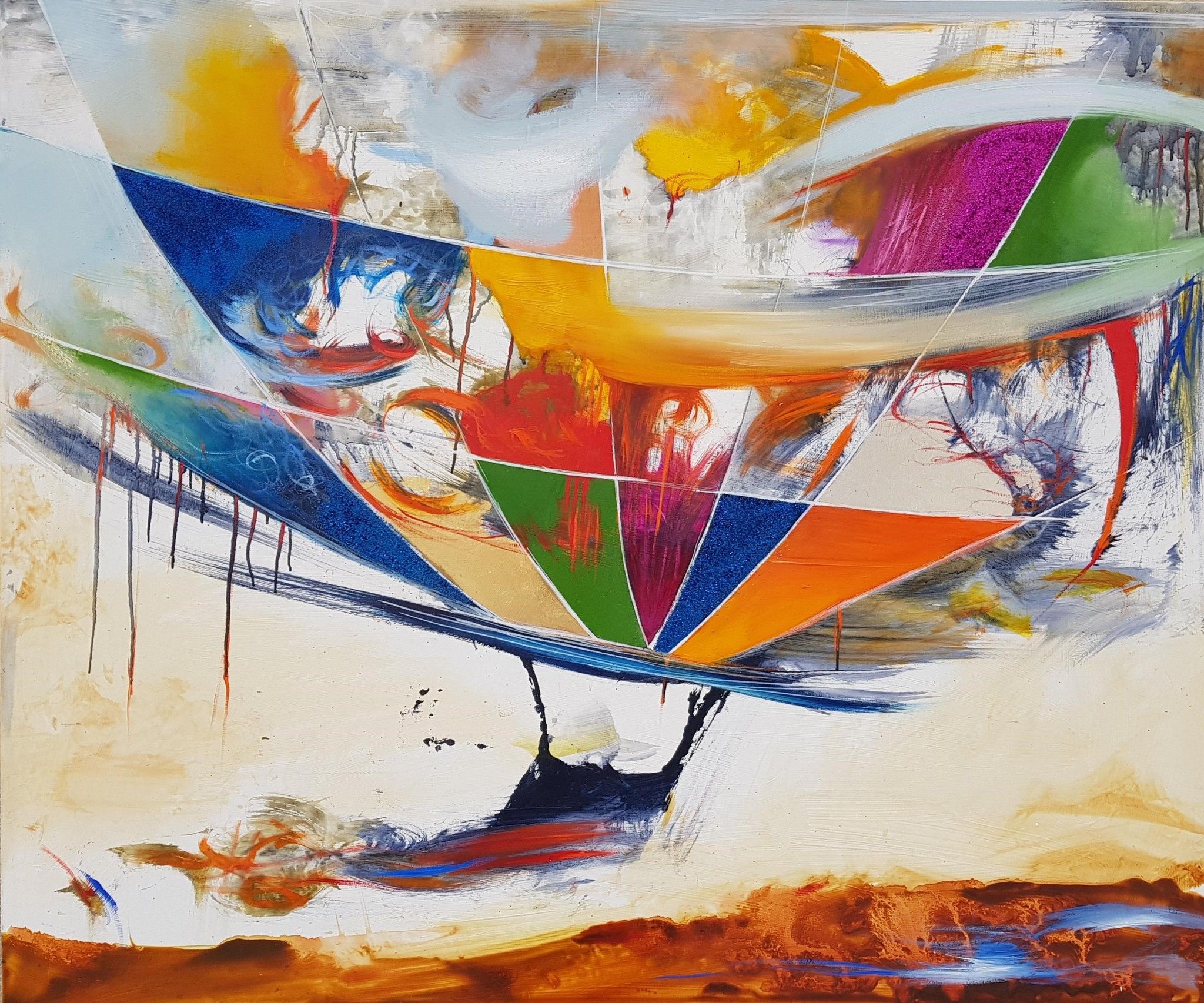 OLIO SU TELA  GIANLUCA  MOTTO ' AROUND THRIE WORLD '  dimensioni L 120 x H 100 cm.