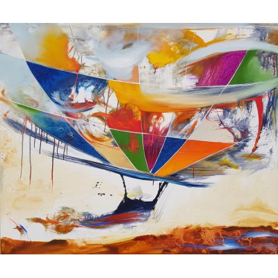 OLIO SU TELA GIANLUCA MOTTO ' AROUND THRIE WORLD ' dimensioni L 120 x H 100 cm.