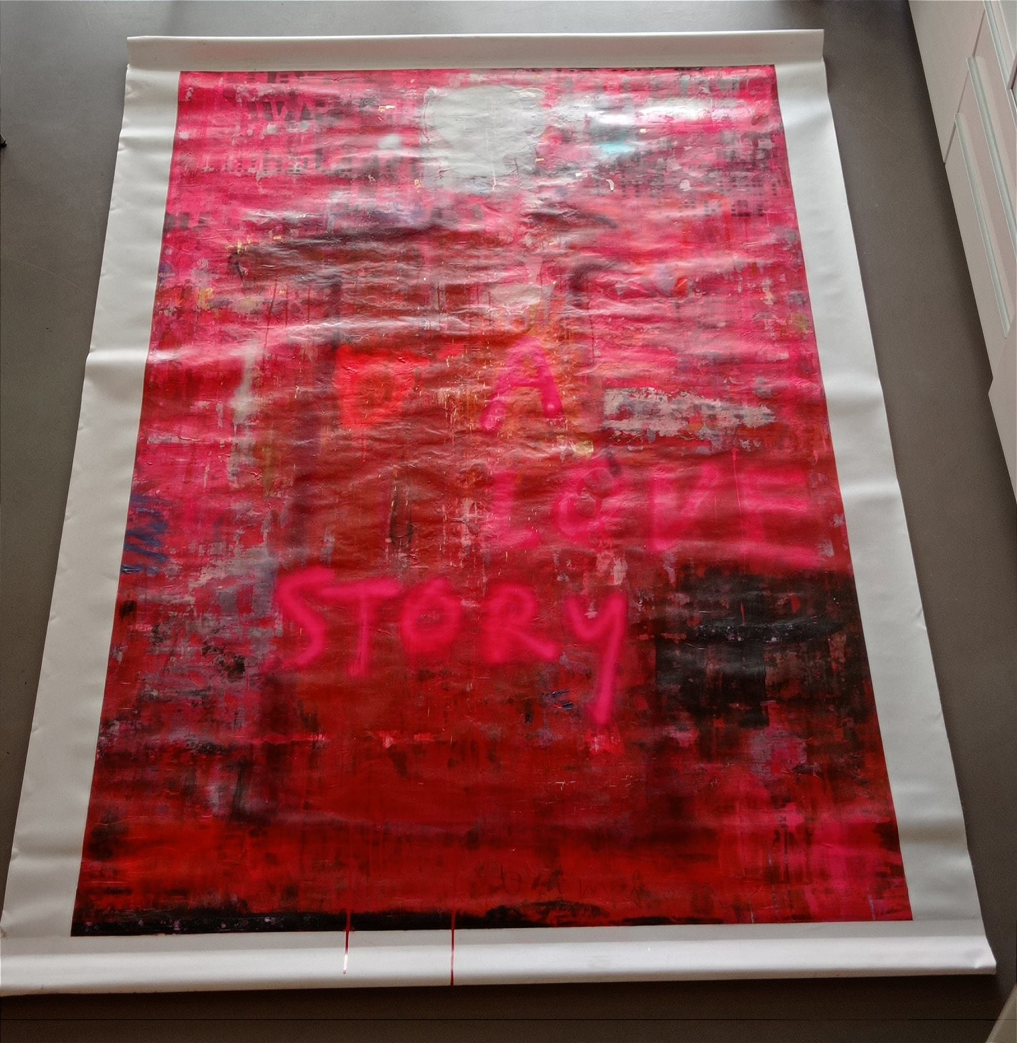 MIXED MEDIA SU PVC  MELISSA DAMSON ' A LOVE STORY '  dimensioni L 200 x  H 140 cm.