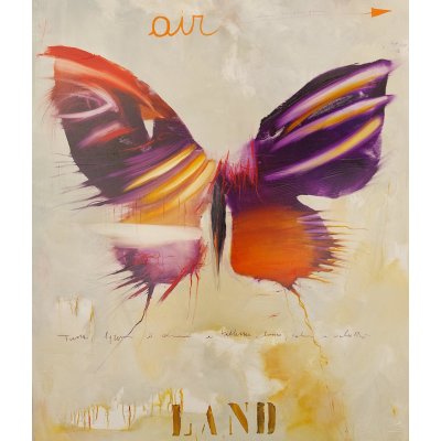 OLIO SU TELA GIANLUCA MOTTO ' LA VANA RICERCA DI UN PUNTO D 'EQUILIBRIO ' dimensioni L 100 x H 120 cm.