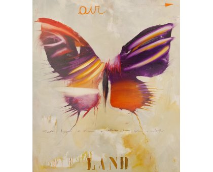 OLIO SU TELA GIANLUCA MOTTO ' LA VANA RICERCA DI UN PUNTO D 'EQUILIBRIO ' dimensioni L 100 x H 120 cm.