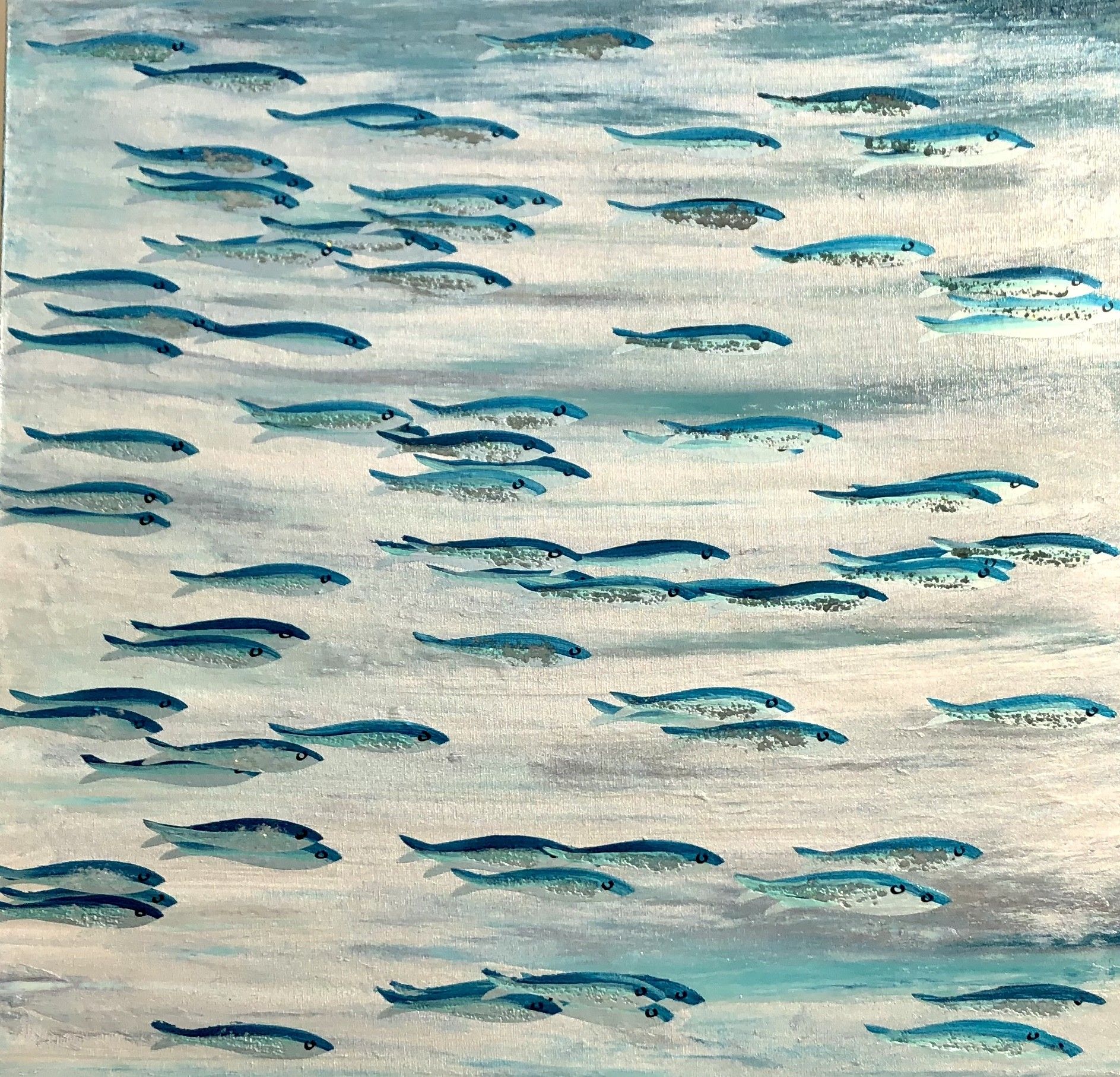 MIXED MEDIA BARBARA PECORARI ' MOVING SARDINES '  dimensioni L 80 x  H 80 cm.