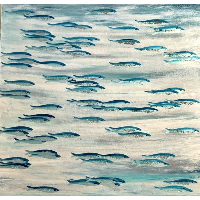 MIXED MEDIA BARBARA PECORARI ' MOVING SARDINES ' dimensioni L 80 x H 80 cm.
