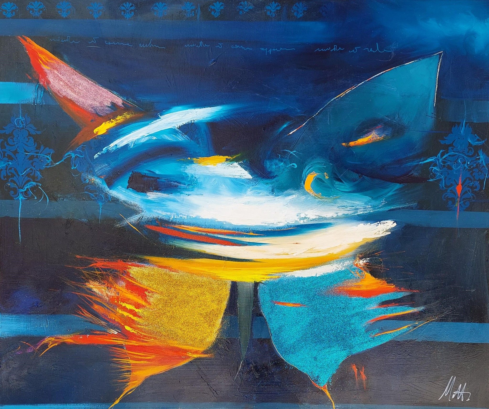 OLIO SU TELA  GIANLUCA  MOTTO ' BLUE RHAPSODY '  dimensioni L 120 x H 100 cm.