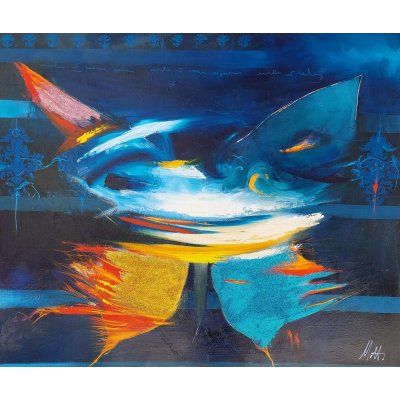 OLIO SU TELA GIANLUCA MOTTO ' BLUE RHAPSODY ' dimensioni L 120 x H 100 cm.