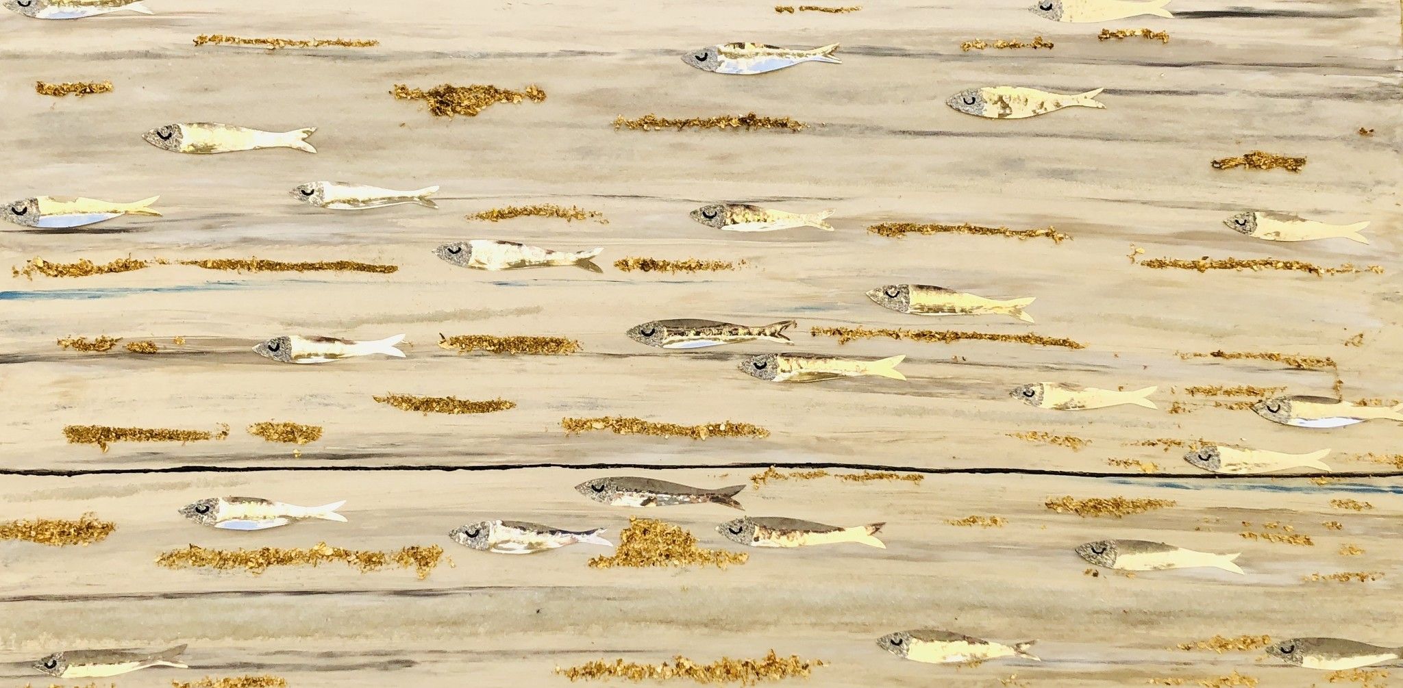 MIXED MEDIA BARBARA PECORARI  " MOVING SARDINES WITH GOLDEN LEAF "  dimensioni L 120 x H 60 cm.
