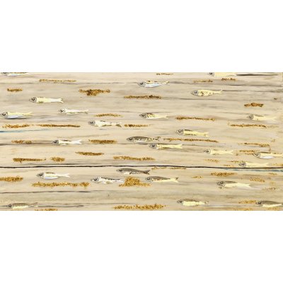 MIXED MEDIA BARBARA PECORARI " MOVING SARDINES WITH GOLDEN LEAF " dimensioni L 120 x H 60 cm.