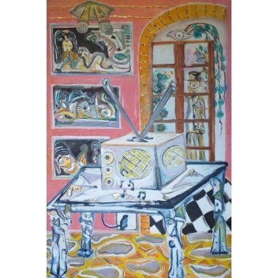 MIXED MEDIA SU TELA SIMONE SCHIAVO ' LA RADIO ' dimensioni L 60 x H 100 cm.