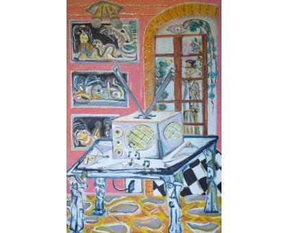 MIXED MEDIA SU TELA SIMONE SCHIAVO ' LA RADIO ' dimensioni L 60 x H 100 cm.