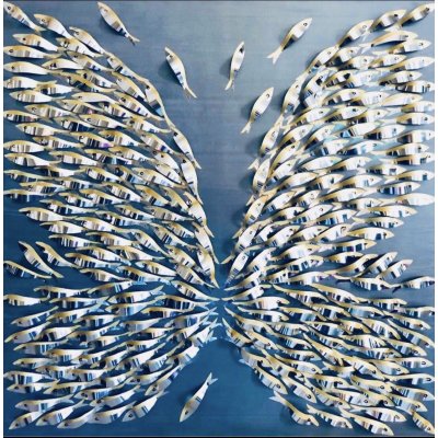 MIXED MEDIA BARBARA PECORARI " SARDINES LEAPING OUT SILVER " dimensioni L 100 x H 100 cm.