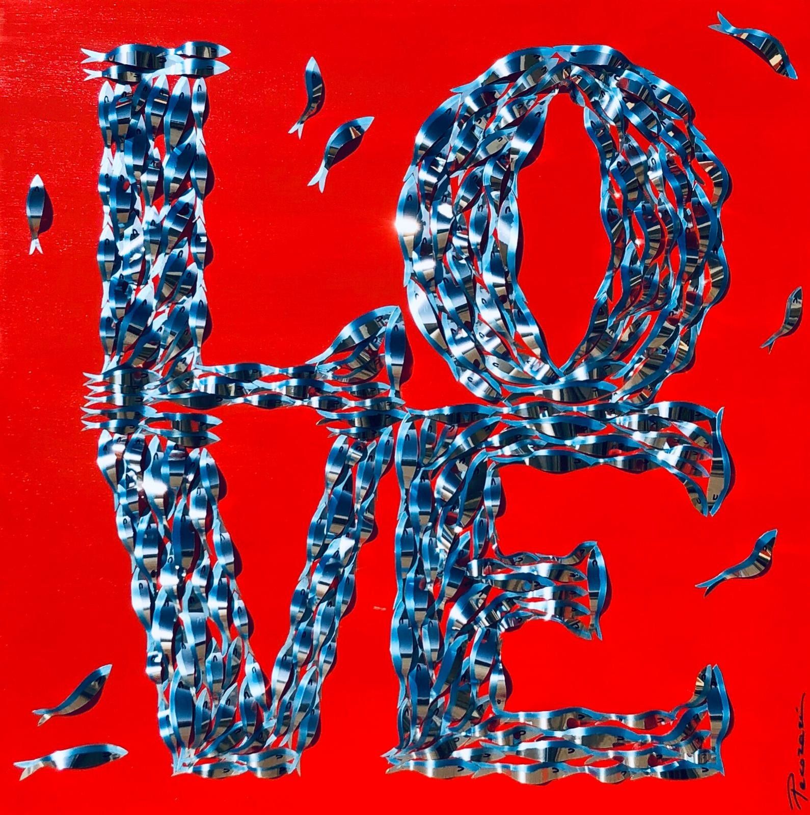 MIXED MEDIA BARBARA PECORARI " SARDINES LEAPING OUT POP LOVE "  dimensioni  L 100 x H 100 cm.