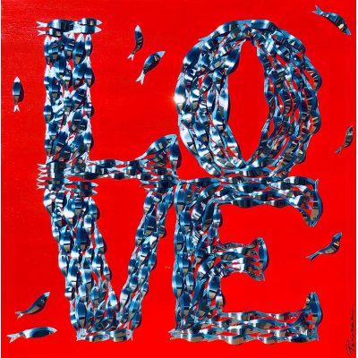 MIXED MEDIA BARBARA PECORARI " SARDINES LEAPING OUT POP LOVE " dimensioni L 100 x H 100 cm.