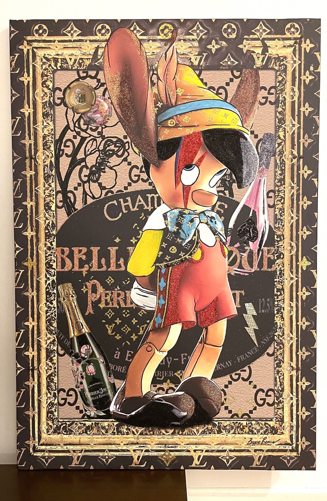 MIXED MEDIA SU TELA BEPPE  RANICA ' PINOCCHIO ' ZIGGY ' BELLE EPOQUE '  dimensioni L 70 x H 105 cm.