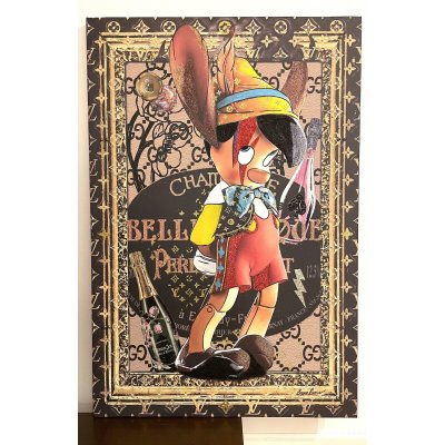 MIXED MEDIA SU TELA BEPPE RANICA ' PINOCCHIO ' ZIGGY ' BELLE EPOQUE ' dimensioni L 70 x H 105 cm.