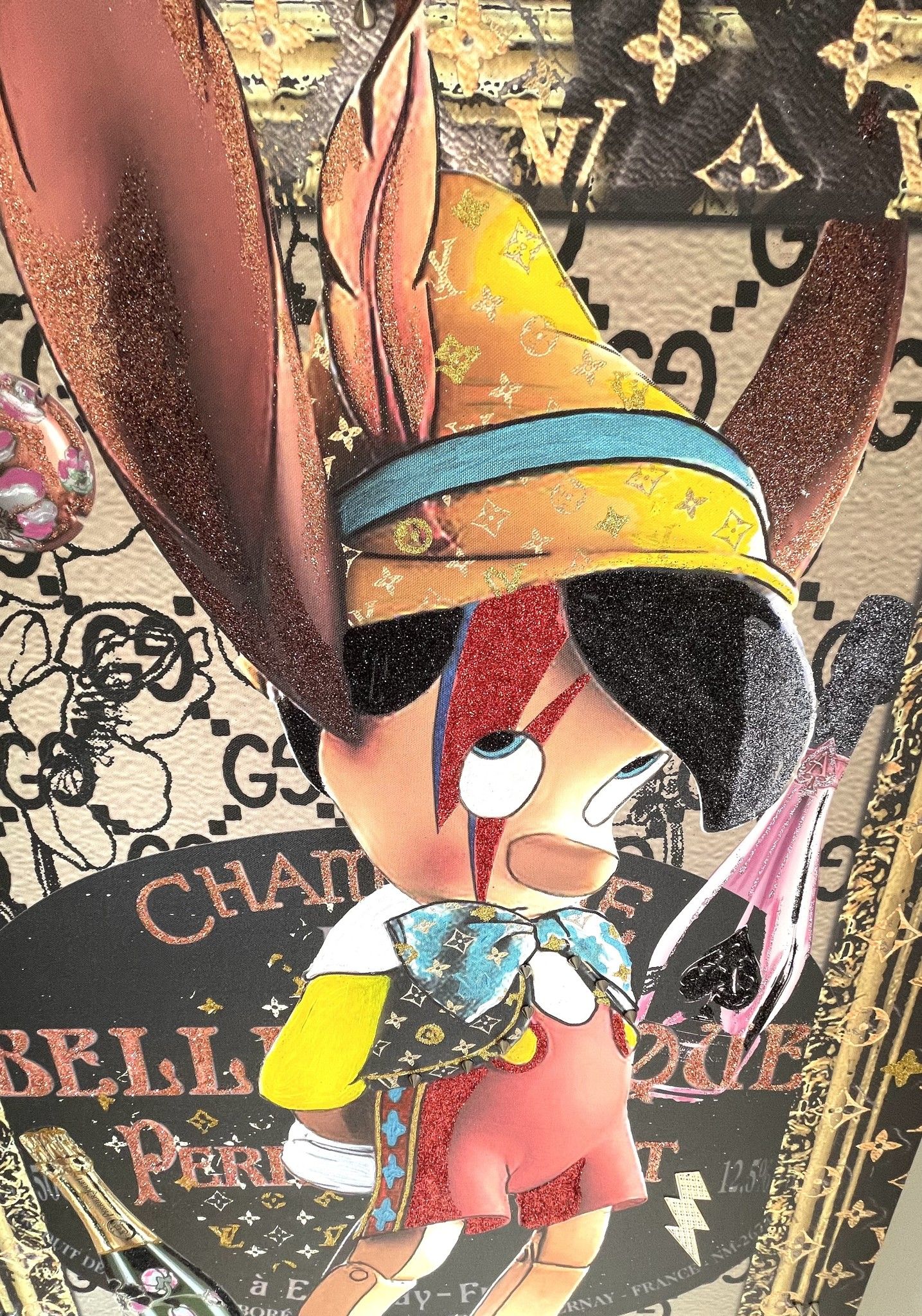 MIXED MEDIA SU TELA BEPPE  RANICA ' PINOCCHIO ' ZIGGY ' BELLE EPOQUE '  dimensioni L 70 x H 105 cm.