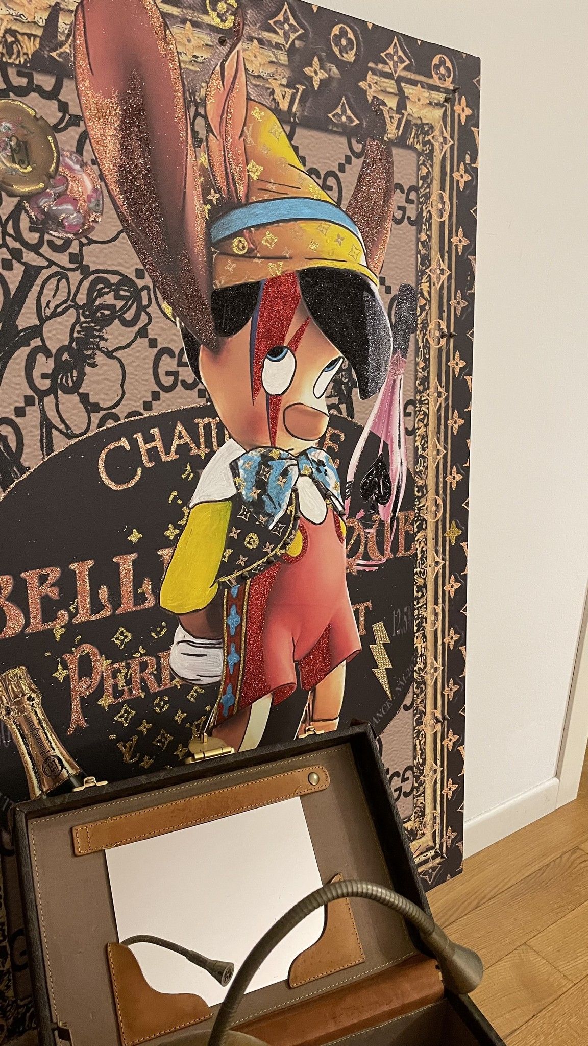 MIXED MEDIA SU TELA BEPPE  RANICA ' PINOCCHIO ' ZIGGY ' BELLE EPOQUE '  dimensioni L 70 x H 105 cm.