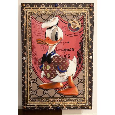 MIXED MEDIA SU TELA BEPPE RANICA ' DONALD DUCK IN DOM PERIGNON ' dimensioni L 70 x H 105 cm.