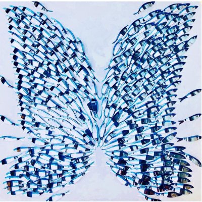 MIXED MEDIA BARBARA PECORARI " SARDINES LEAPING OUT 2 " dimensioni L 100 x H 100 cm.