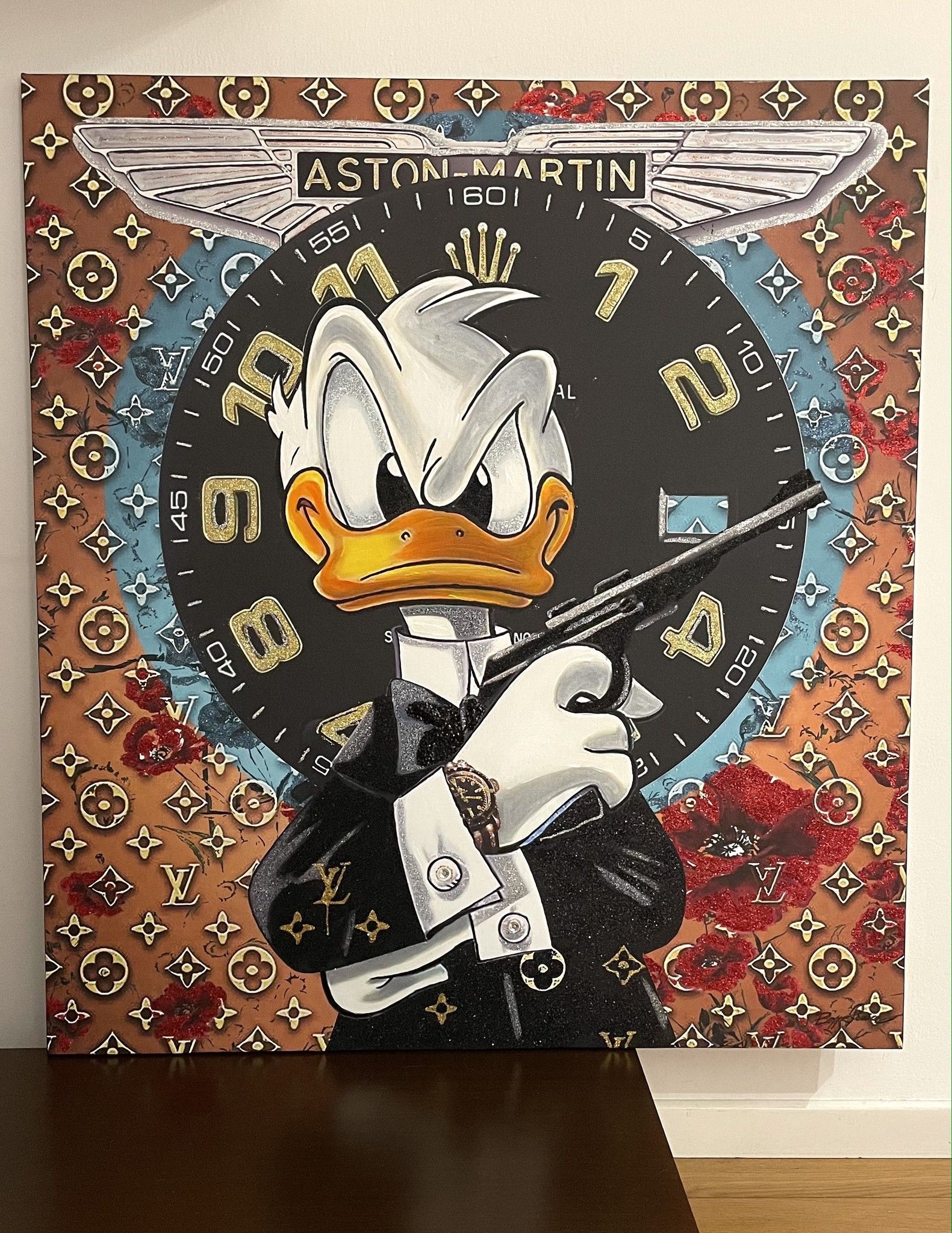 MIXED MEDIA SU TELA BEPPE  RANICA ' DONALD ' 007 '  DUCK '  dimensioni L 99 x H 110 cm.