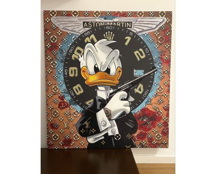MIXED MEDIA SU TELA BEPPE RANICA ' DONALD ' 007 ' DUCK ' dimensioni L 99 x H 110 cm.