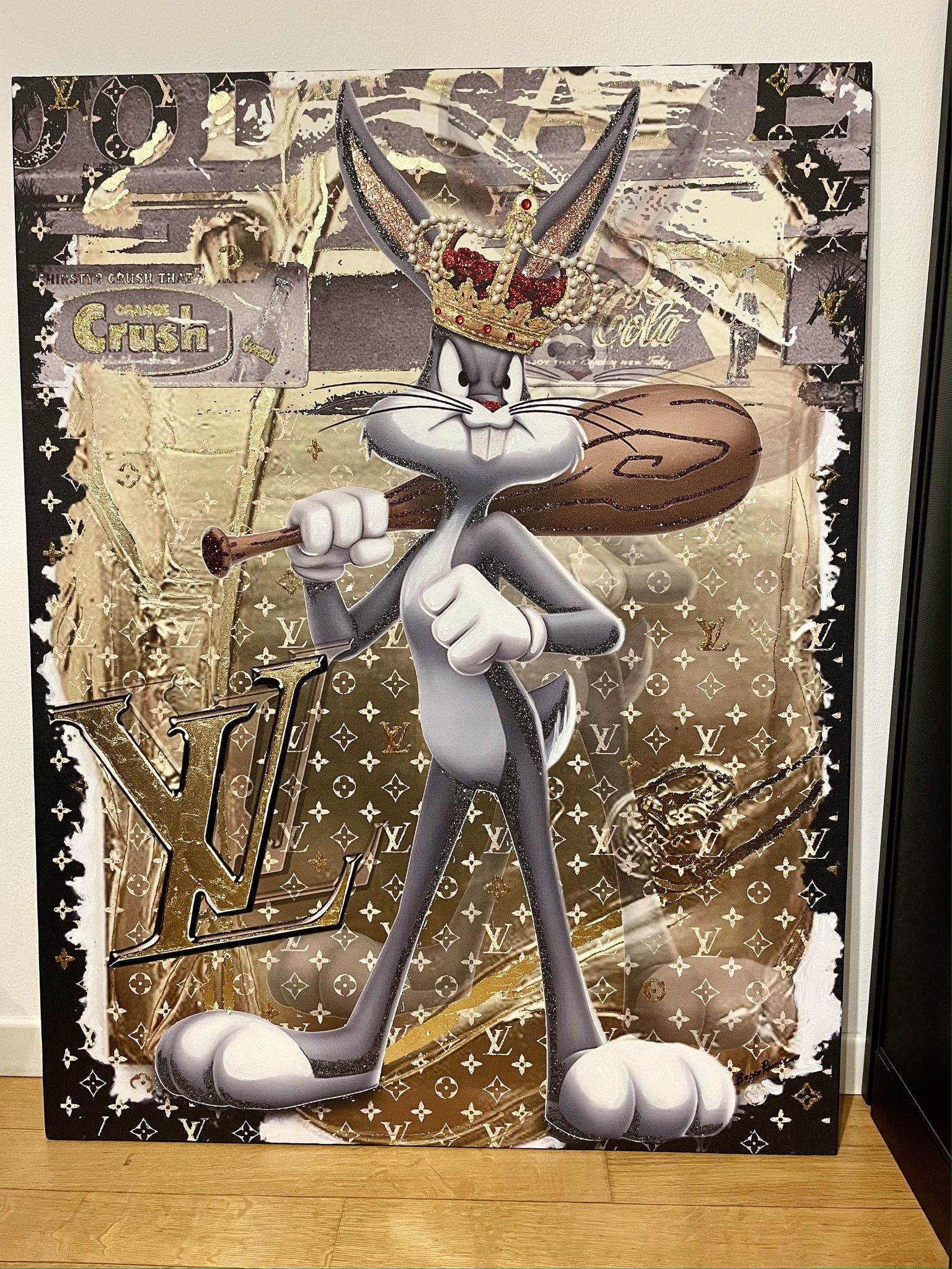 MIXED MEDIA SU TELA BEPPE RANICA ' BUGS BUNNY LV KING '  dimensioni L  84 x H 110 cm.