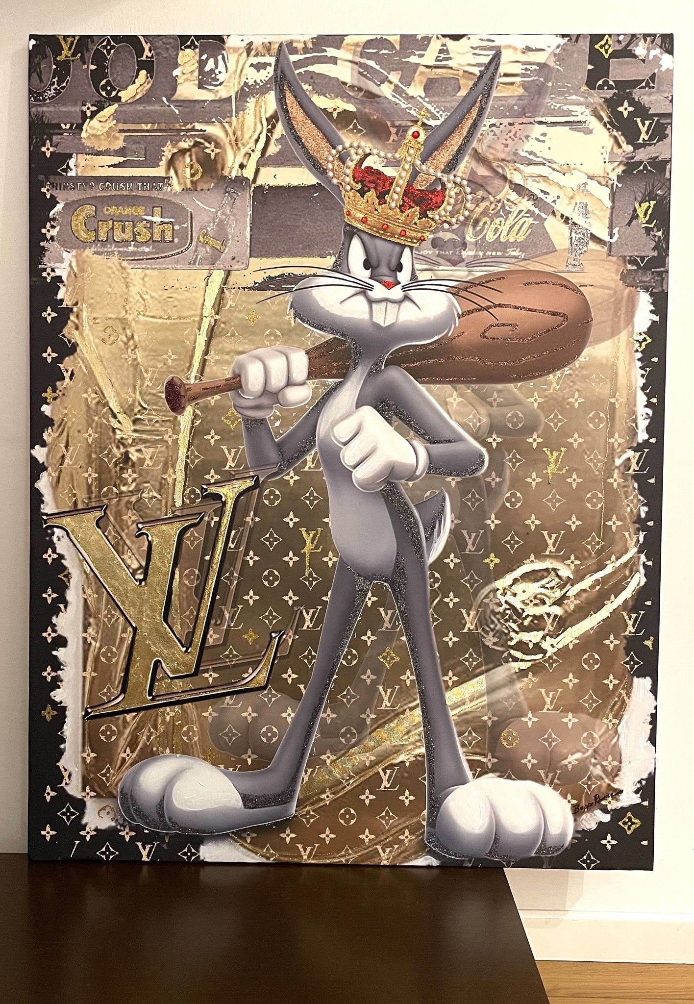 MIXED MEDIA SU TELA BEPPE RANICA ' BUGS BUNNY LV KING '  dimensioni L  84 x H 110 cm.