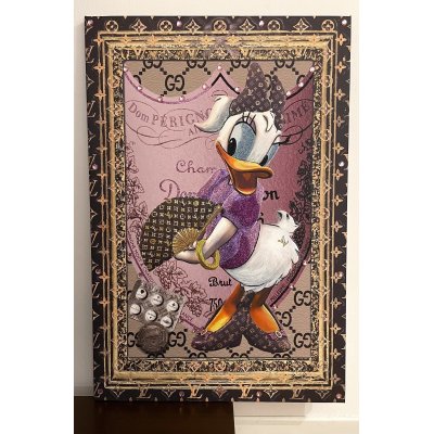 MIXED MEDIA SU TELA BEPPE RANICA ' DAISY DUCK DOM PERIGNON ' dimensioni L 70 x H 105 cm.