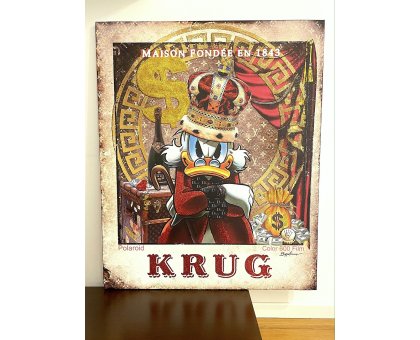MIXED MEDIA SU TELA BEPPE RANICA ' KING SCROOGE IN KRUG ' dimensioni L 90 x H 109 cm.