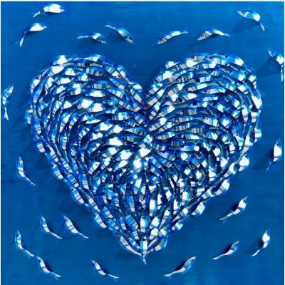 MIXED MEDIA BARBARA PECORARI ' SARDINES LEAPING OUT POP HEART 1 ' dimensioni L 100 x H 100 cm.