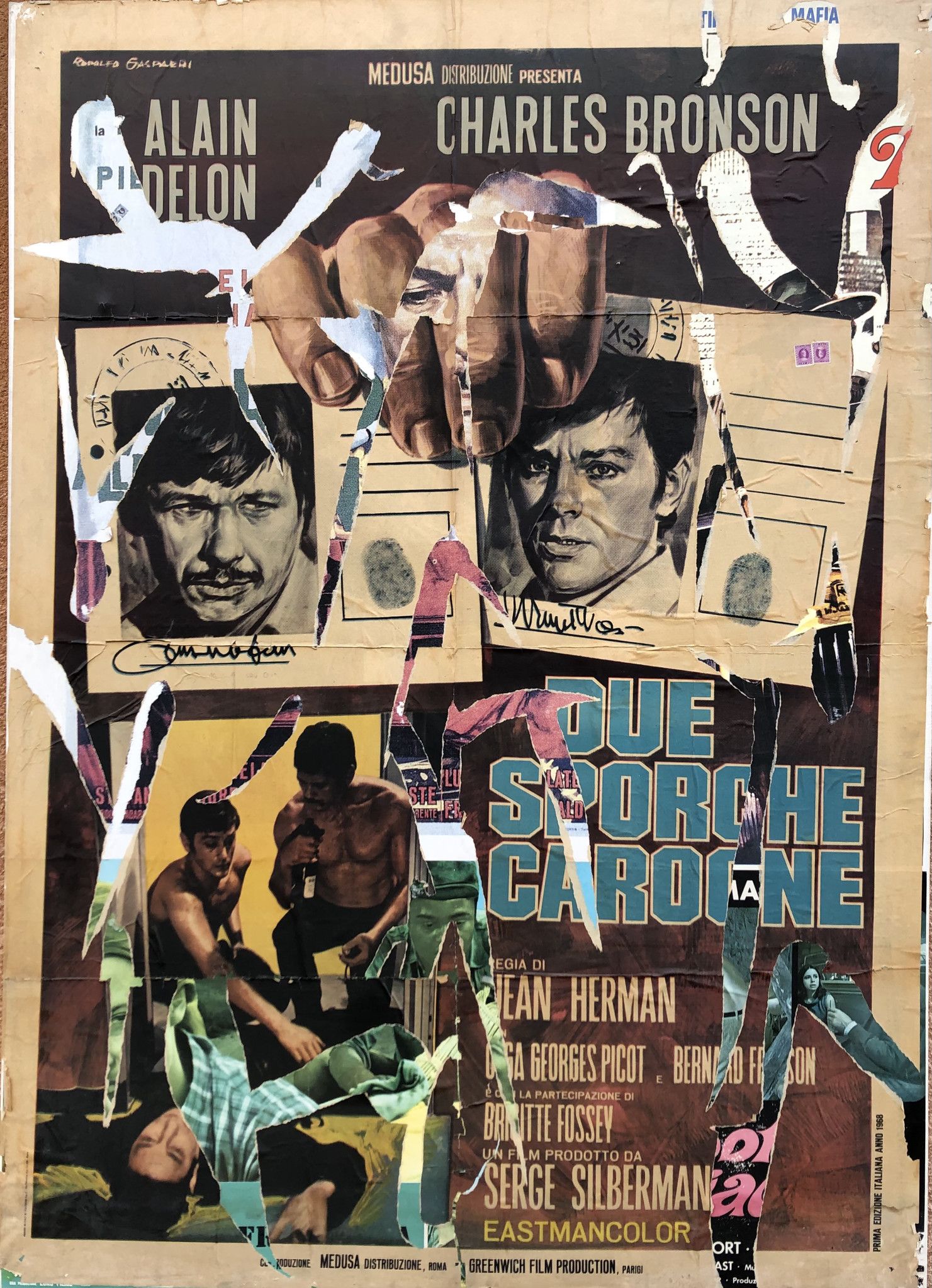DECOLLAGE MANIFESTO ORIGINALE  ANTONIO DEODATO ' DUE SPORCHE CAROGNE '  dimensioni L 100 x H 140 cm.