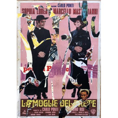 DECOLLAGE MANIFESTO ORIGINALE ANTONIO DEODATO ' LA MOGLIE DEL PRETE ' dimensioni L 100 x H 140 cm.